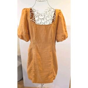 Madewell Women Maisie Mini Dress Size 8 Bright Gold Linen Short Sleeve Lined